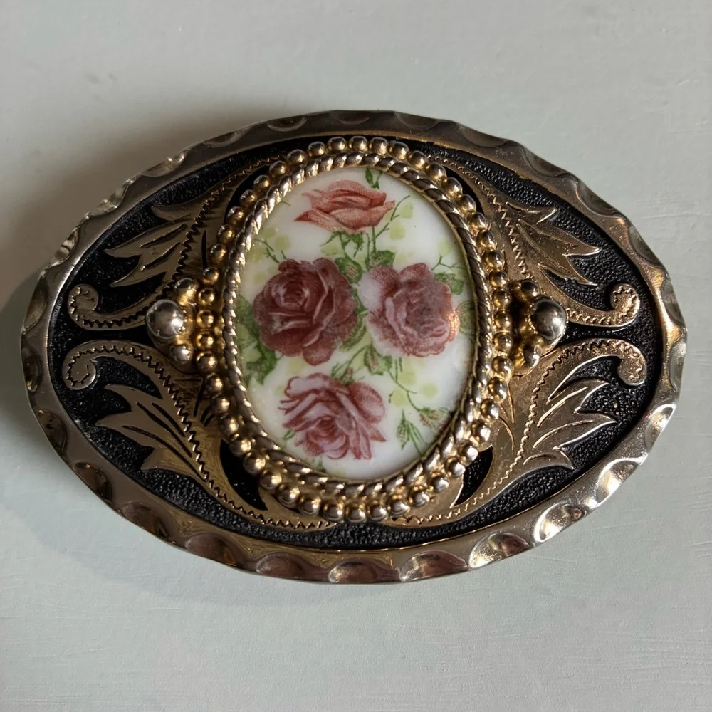 Vintage Silver Western Belt Buckle With Porcelain Floral Center Stone - Picture 2 of 5